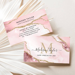 Chic Blush Pink Gold Glitter Marble Agate Monogram Business Card