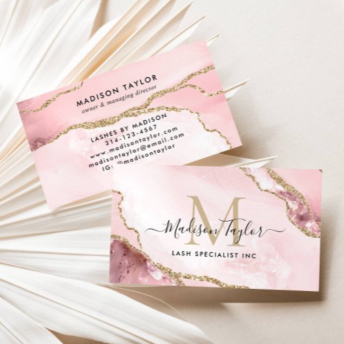 Chic Blush Pink Gold Glitter Marble Agate Monogram Business Card