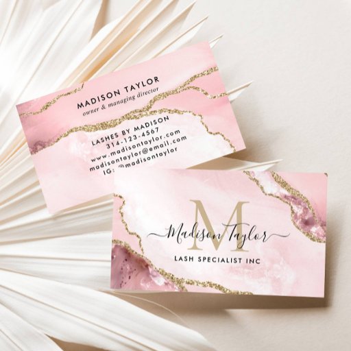 Customizable Chic Blush Pink Gold Glitter Marble Agate Monogram Business Card