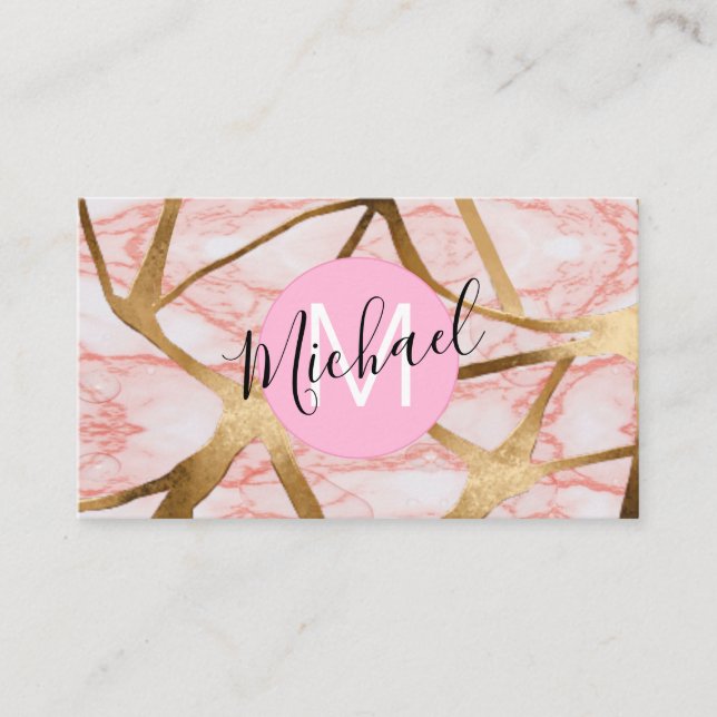 Chic Blush Pink Gold Glitter Marble Agate Monogram Business Card (Front)