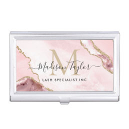 Chic Blush Pink Gold Glitter Marble Agate Monogram Business Card Case