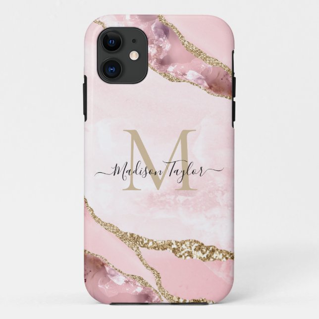 Chic Blush Pink Gold Glitter Marble Agate Monogram Case-Mate iPhone Case (Back)