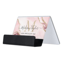 Chic Blush Pink Gold Glitter Marble Agate Monogram Desk Business Card Holder