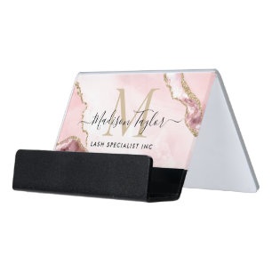 Chic Blush Pink Gold Glitter Marble Agate Monogram Desk Business Card Holder