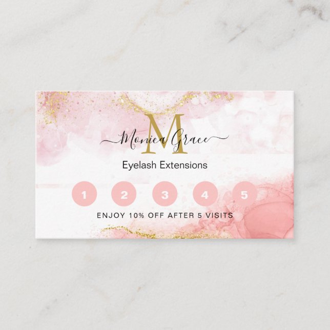Chic Blush Pink Gold Glitter Marble Monogram Business Card (Front)