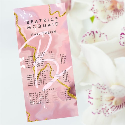 Chic Blush Pink Gold Glitter Marble Monogram Rack Card