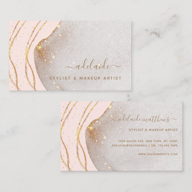 Chic Blush Pink Gold Glitter Signature Name Agate  Business Card (Front/Back)
