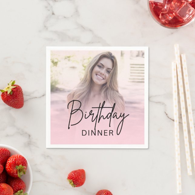 Chic Blush Pink Gradient Photo Birthday Dinner Napkins (Insitu)