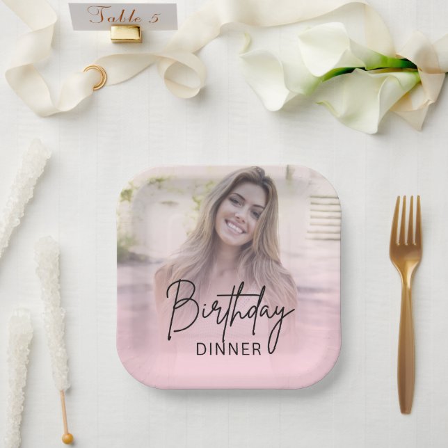 Chic Blush Pink Gradient Photo Birthday Dinner Paper Plates (Wedding)