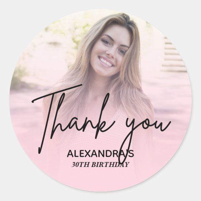 Chic Blush Pink Gradient Photo Birthday Thank you Classic Round Sticker (Front)