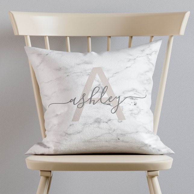 Chic Blush Pink & Gray Marble Name Monogram Throw Pillow (Creator Uploaded)