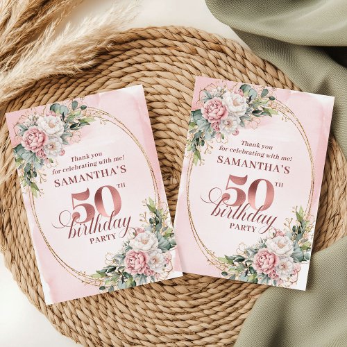 Chic Blush Pink Greenery 50th Birthday Thank You 