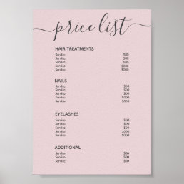 Chic Blush Pink Hair Salon Price List Service Menu Poster