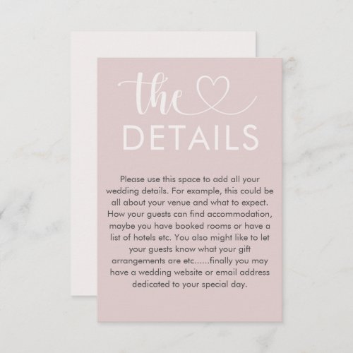 Chic Blush Pink Heart Wedding Details  Enclosure Card