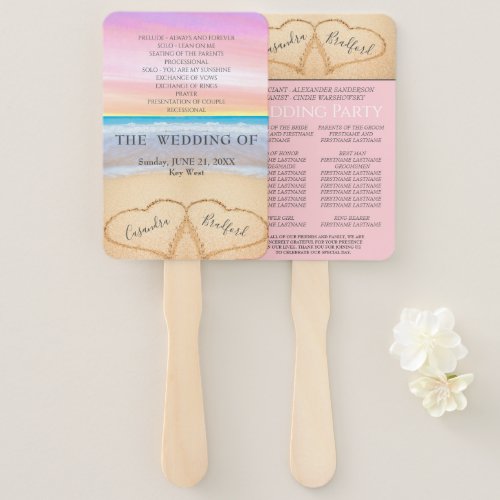 Chic Blush Pink Hearts Sand Beach Wedding Program Hand Fan