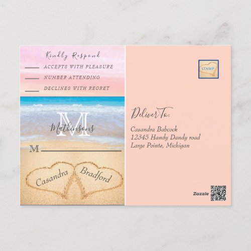Chic Blush Pink Hearts Sand Beach Wedding RSVP Postcard