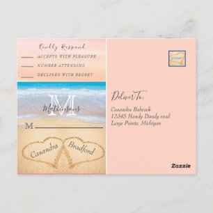 Chic Blush Pink Hearts Sand Beach Wedding RSVP Postcard