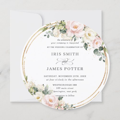 Chic Blush Pink Ivory Floral Gold Greenery Wedding Invitation