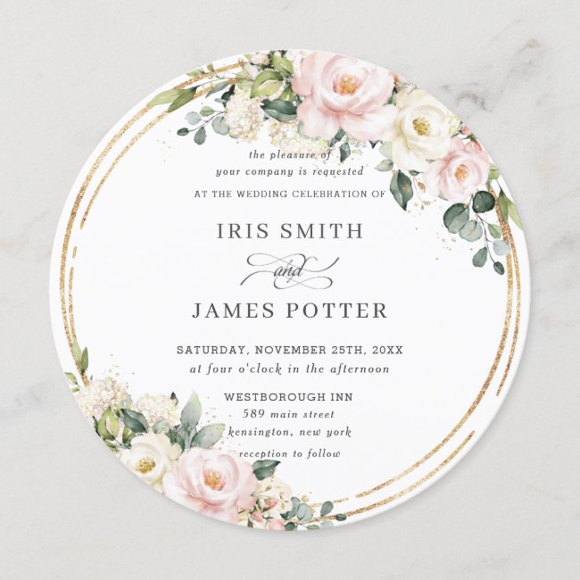 Chic Blush Pink Ivory Floral Gold Greenery Wedding Invitation