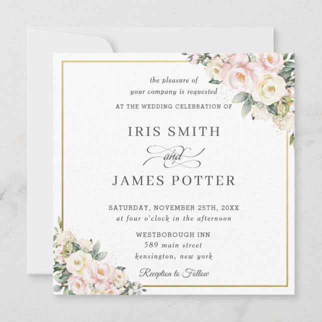 Chic Blush Pink Ivory Floral Gold Wedding Square Invitation (Front)
