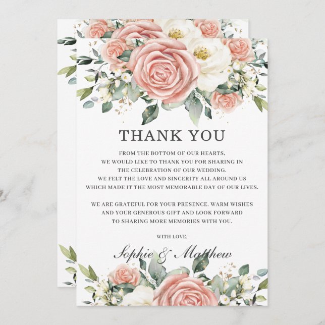 Chic Blush Pink Ivory Floral Wedding Bridal Thank You Card (Front/Back)