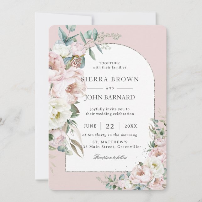 Chic Blush Pink Ivory Peonies Floral Arch Wedding Invitation (Front)