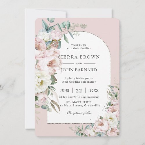 Chic Blush Pink Ivory Peonies Floral Arch Wedding Invitation