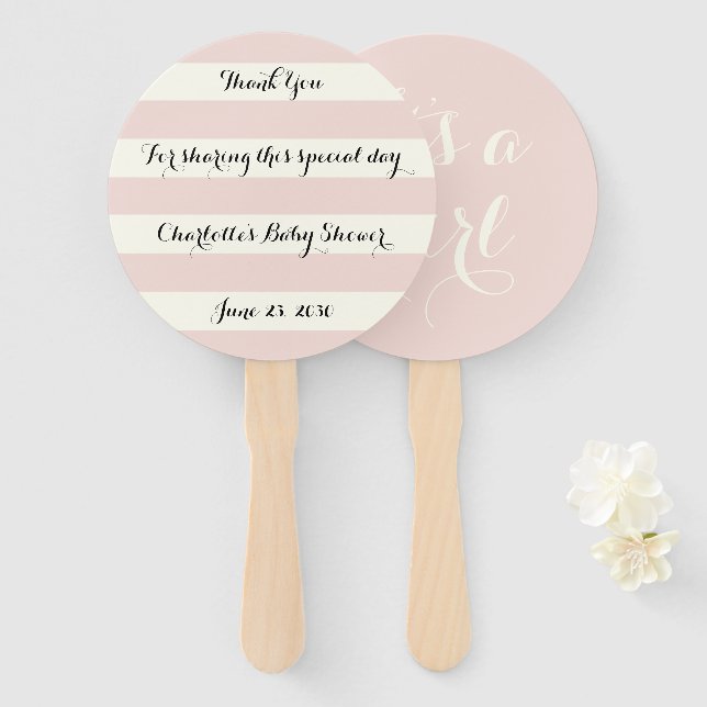 Chic blush pink ivory stripes script Baby Shower Hand Fan (Front and Back)