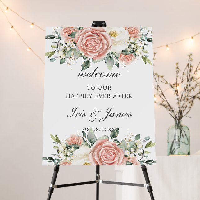 Chic Blush Pink Ivory White Floral Wedding Welcome Foam Board (In Situ (Stand))