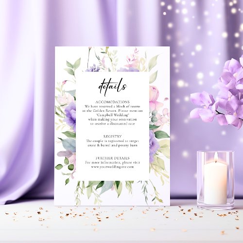 Chic Blush Pink Lavender Peonies DETAILS Wedding Enclosure Card