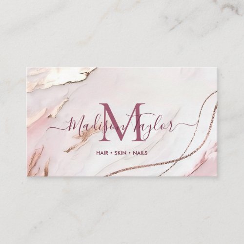 Chic Blush Pink  Marble Agate Monogram Busi Business Card