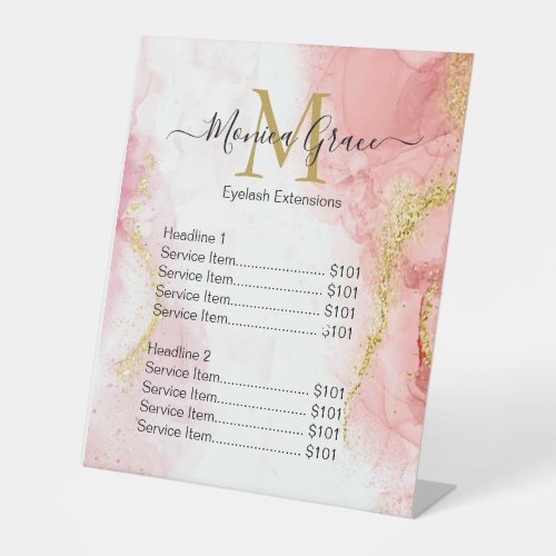 Chic Blush Pink Marble Gold Glitter Agate Monogram Pedestal Sign