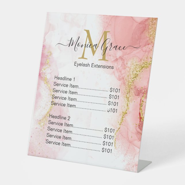 Chic Blush Pink Marble Gold Glitter Agate Monogram Pedestal Sign (Front)