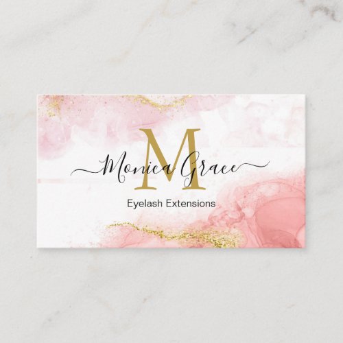 Chic Blush Pink Marble Gold Glitter Monogram Business Card