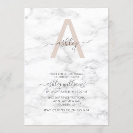 Chic Blush Pink Marble Monogram 30th Birthday Invitation