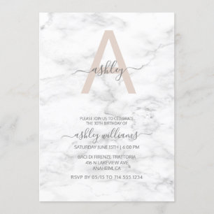Chic Blush Pink Marble Monogram 30th Birthday Invitation