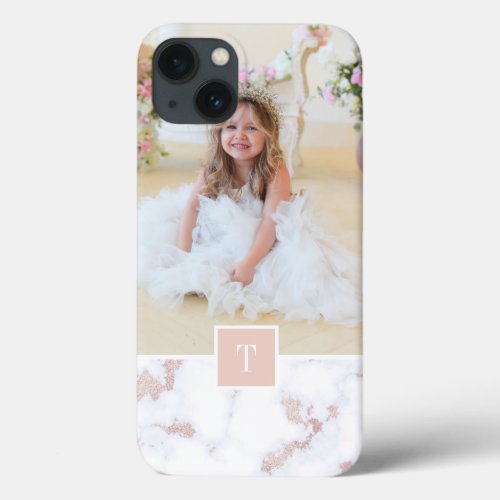 Chic Blush Pink Marble Photo  Monogram iPhone 13 Case