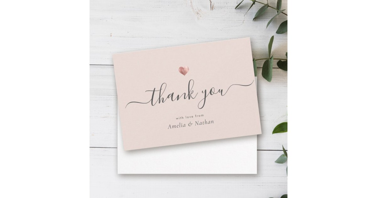 Chic Blush Pink Modern Script Rose Gold Heart Thank You Card | Zazzle