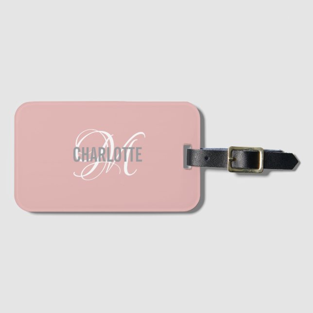 Chic blush pink monogrammed name luggage tag (Front Horizontal)