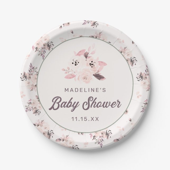 Chic Blush Pink Peach & Mauve Floral Baby Shower Paper Plates (Front)