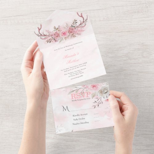 Chic Blush Pink Peony Sage Deer Antlers Wedding  A All In One Invitation