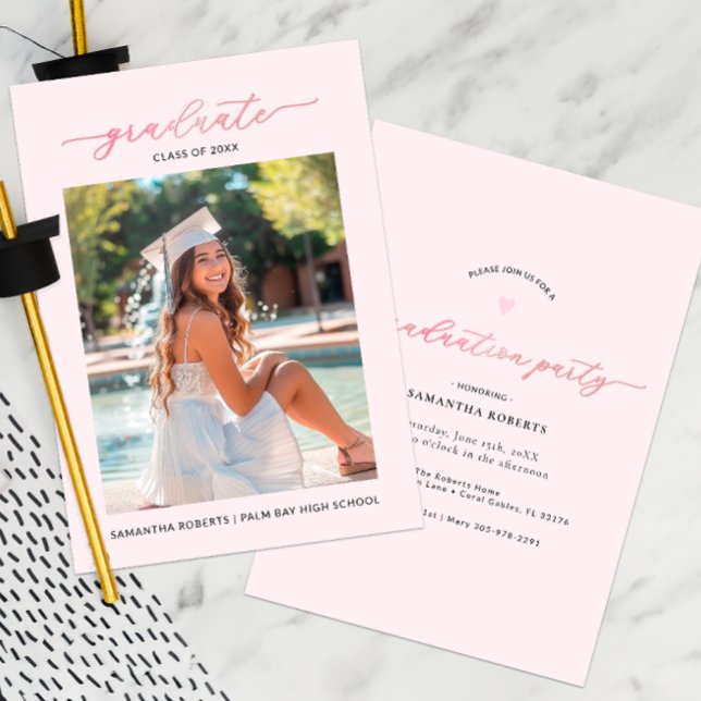 Chic Blush Pink Photo Graduation Party Invitation  (Minimalist Graduation Invitation For Her)