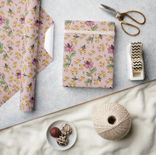 Chic Blush Pink Queen Bee, Honeycomb & Flowers Wrapping Paper