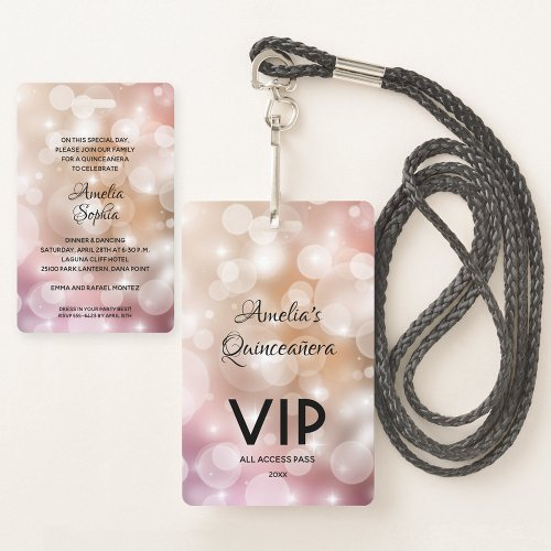 Chic Blush Pink Quinceaera Invite VIP Pass Badge