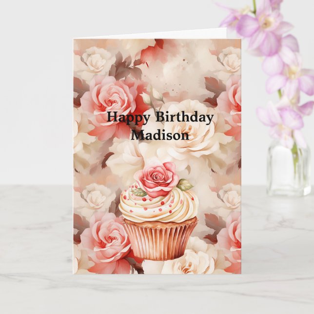 Chic Blush Pink Rose Cupcake Birthday Card (Orchid)