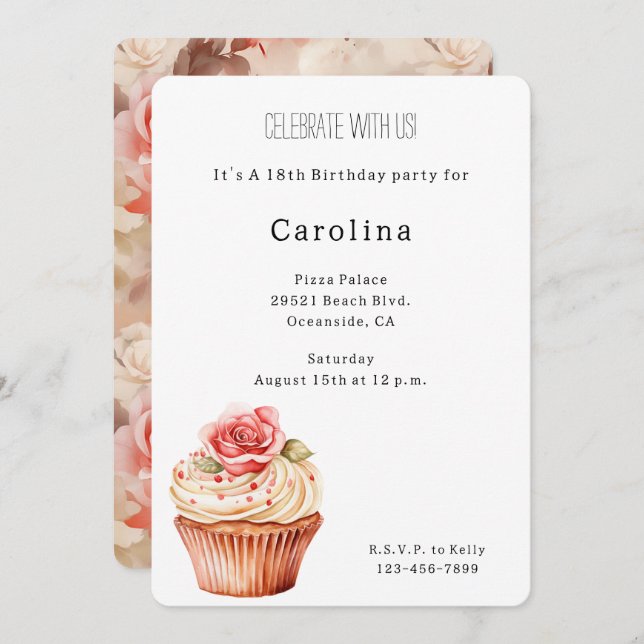 Chic Blush Pink Rose Cupcake Birthday   Invitation (Front/Back)