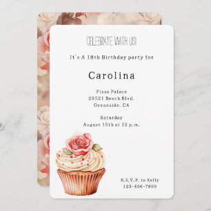 Chic Blush Pink Rose Cupcake Birthday Invitation