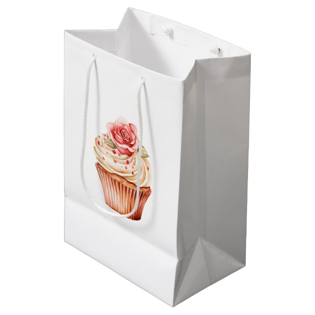 Chic Blush Pink Rose Cupcake Birthday Medium Gift Bag (Front Angled)