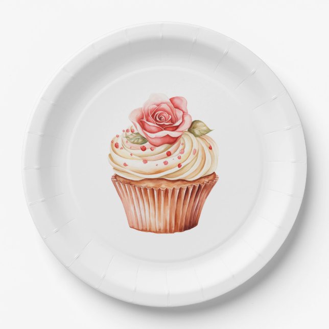 Chic Blush Pink Rose Cupcake Birthday Paper Plates (Front)