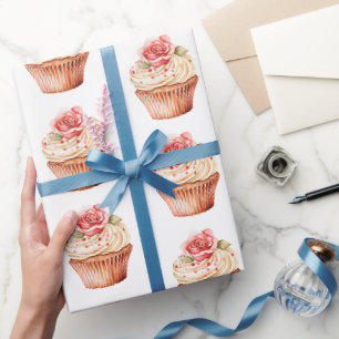 Chic Blush Pink Rose Cupcake Birthday Wrapping Paper